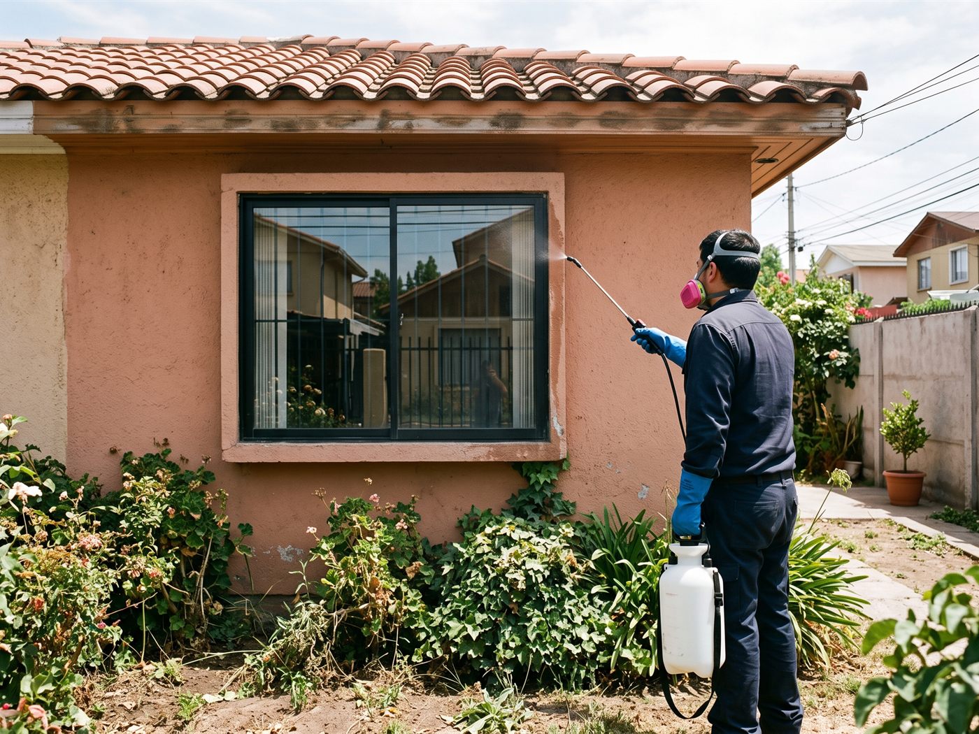 Técnico aplicando con pulverizador en el contorno exterior de la ventana de una casa
