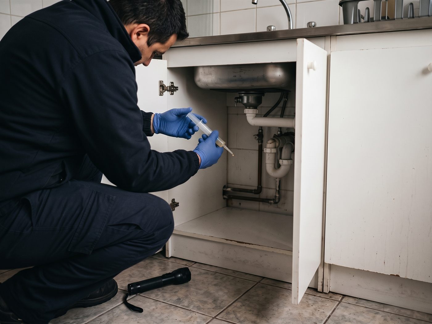 Técnico aplicando gel insecticida junto a las cañerías del mueble bajo el lavaplatos